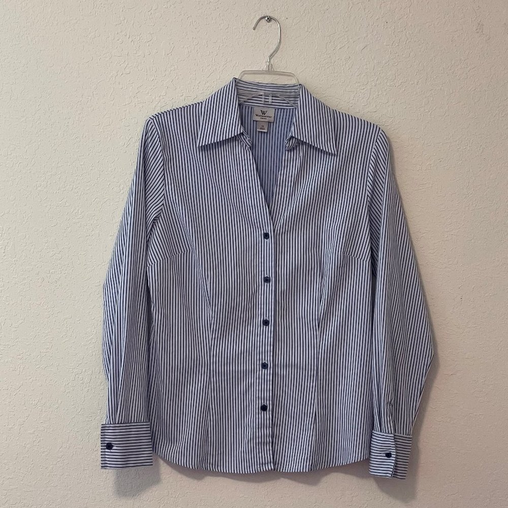 Worthington stretch Blue and white striped Long Sleeve Button Down Blouse